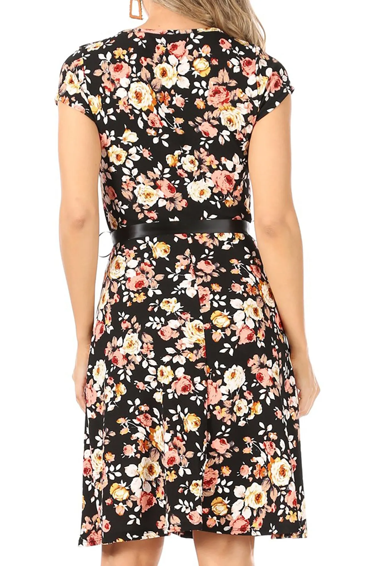 Women's Casual Floral Flared A Line Swing Dresses Short Sleeve With Belt Trim