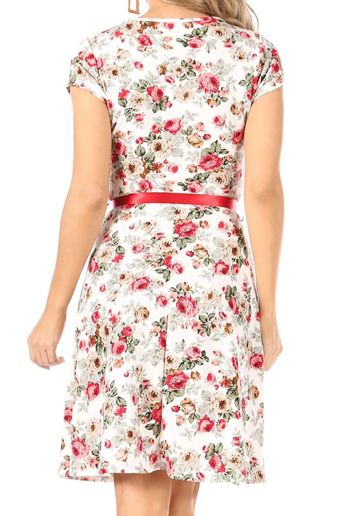 Women's Casual Floral Flared A Line Swing Dresses Short Sleeve With Belt Trim