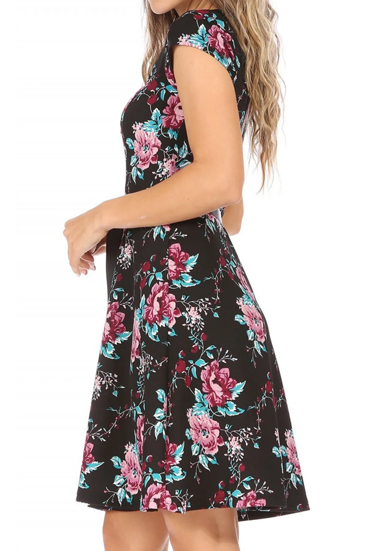 Women's Casual Floral Flared A Line Swing Dresses Short Sleeve With Belt Trim