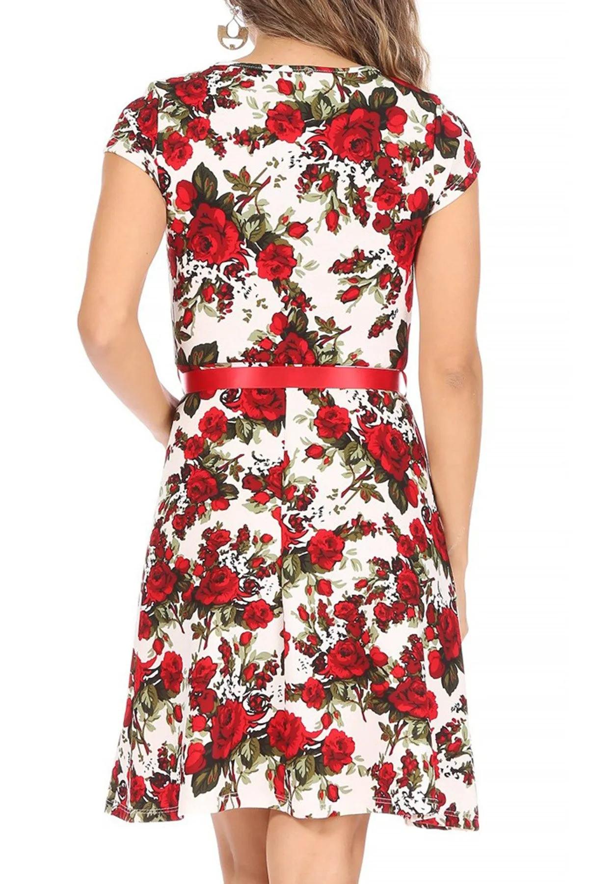 Women's Casual Floral Flared A Line Swing Dresses Short Sleeve With Belt Trim