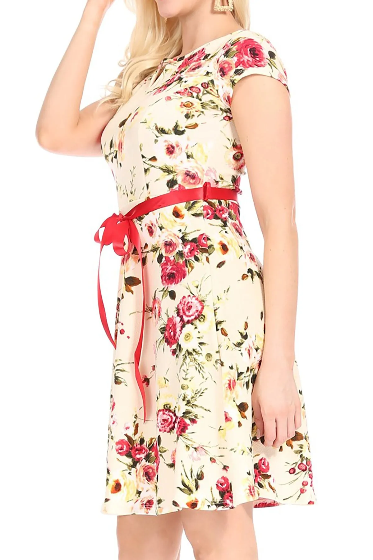 Women's Casual Floral Flared A Line Swing Dresses Short Sleeve With Belt Trim