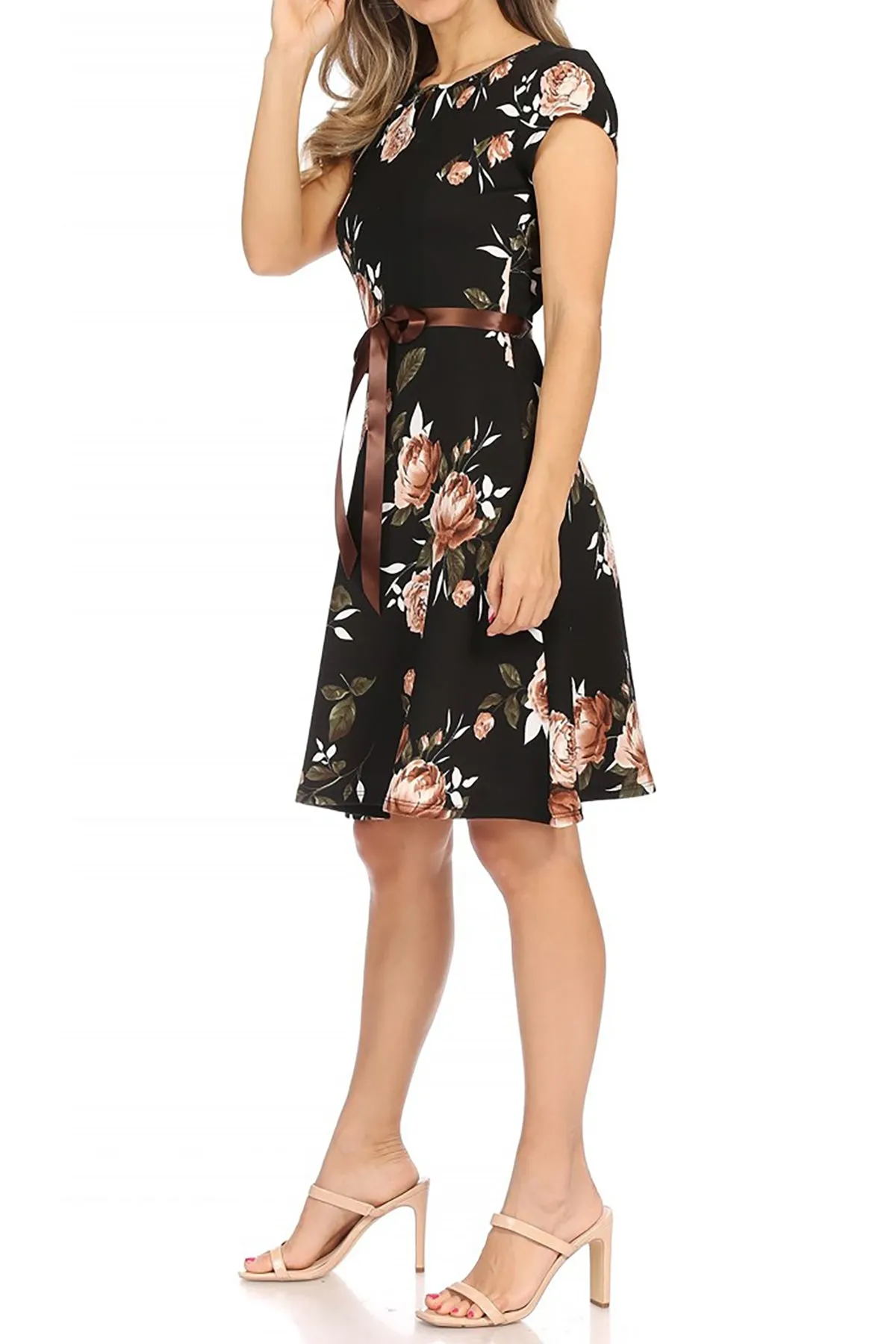Women's Casual Floral Flared A Line Swing Dresses Short Sleeve With Belt Trim