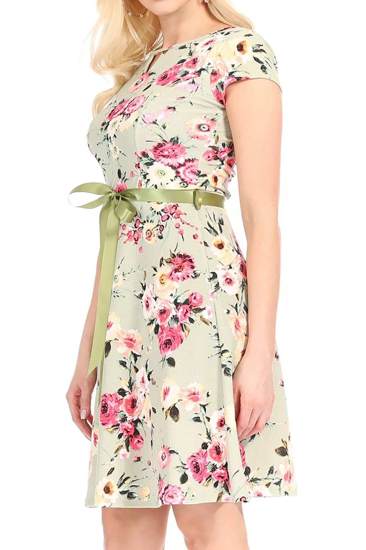 Women's Casual Floral Flared A Line Swing Dresses Short Sleeve With Belt Trim