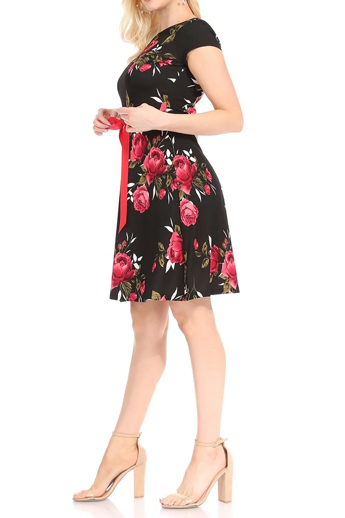 Women's Casual Floral Flared A Line Swing Dresses Short Sleeve With Belt Trim