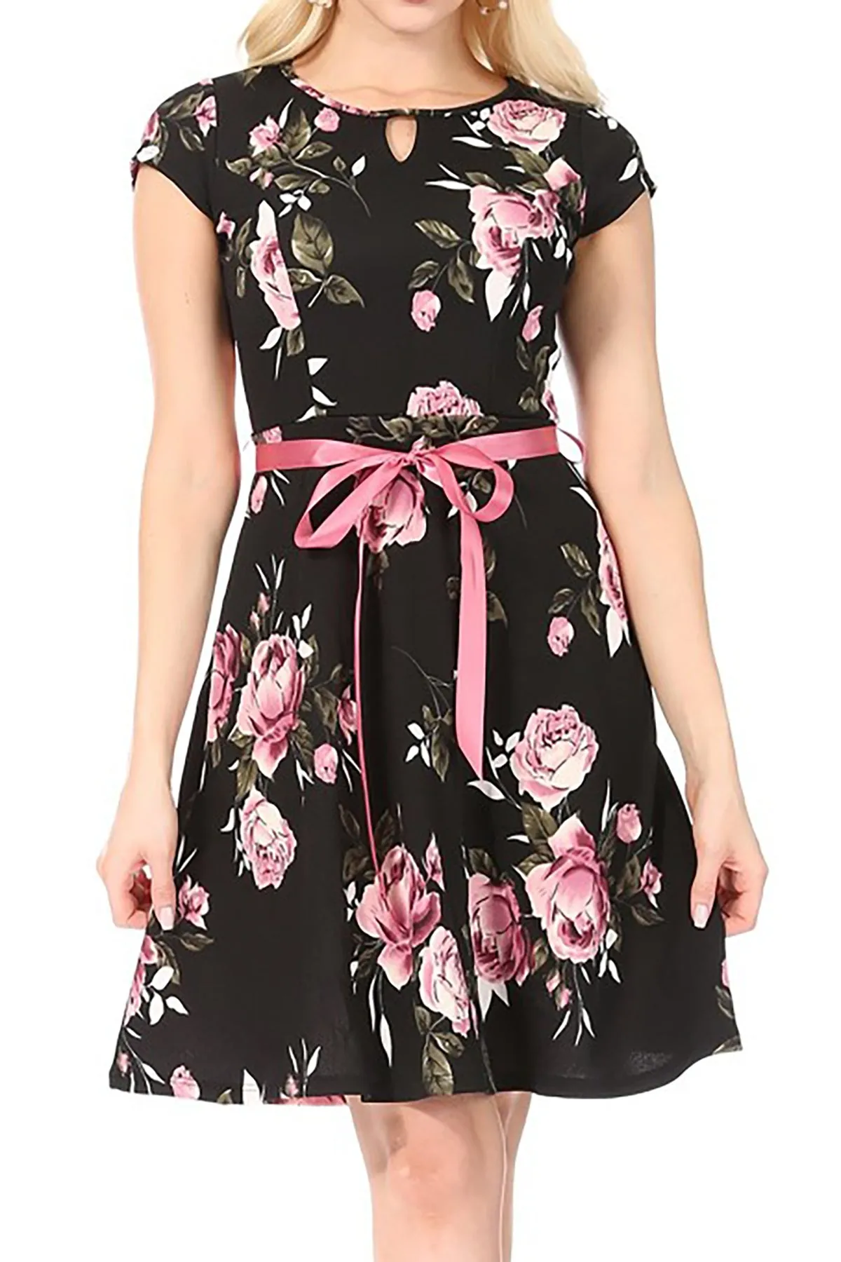 Women's Casual Floral Flared A Line Swing Dresses Short Sleeve With Belt Trim
