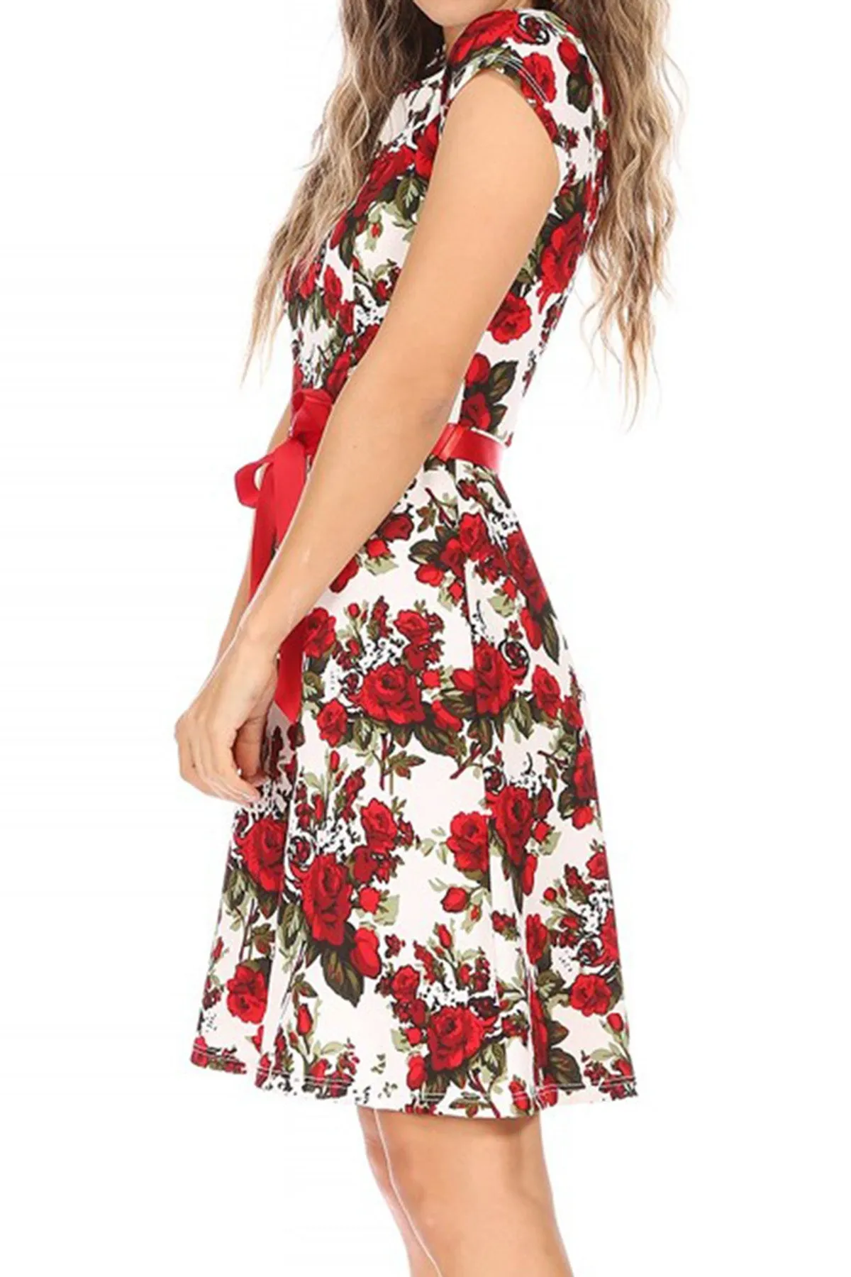 Women's Casual Floral Flared A Line Swing Dresses Short Sleeve With Belt Trim