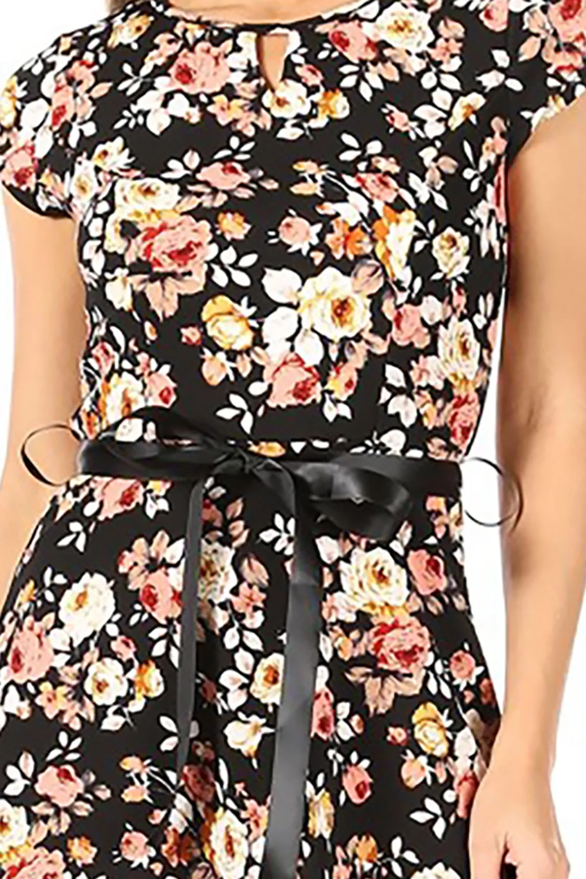 Women's Casual Floral Flared A Line Swing Dresses Short Sleeve With Belt Trim