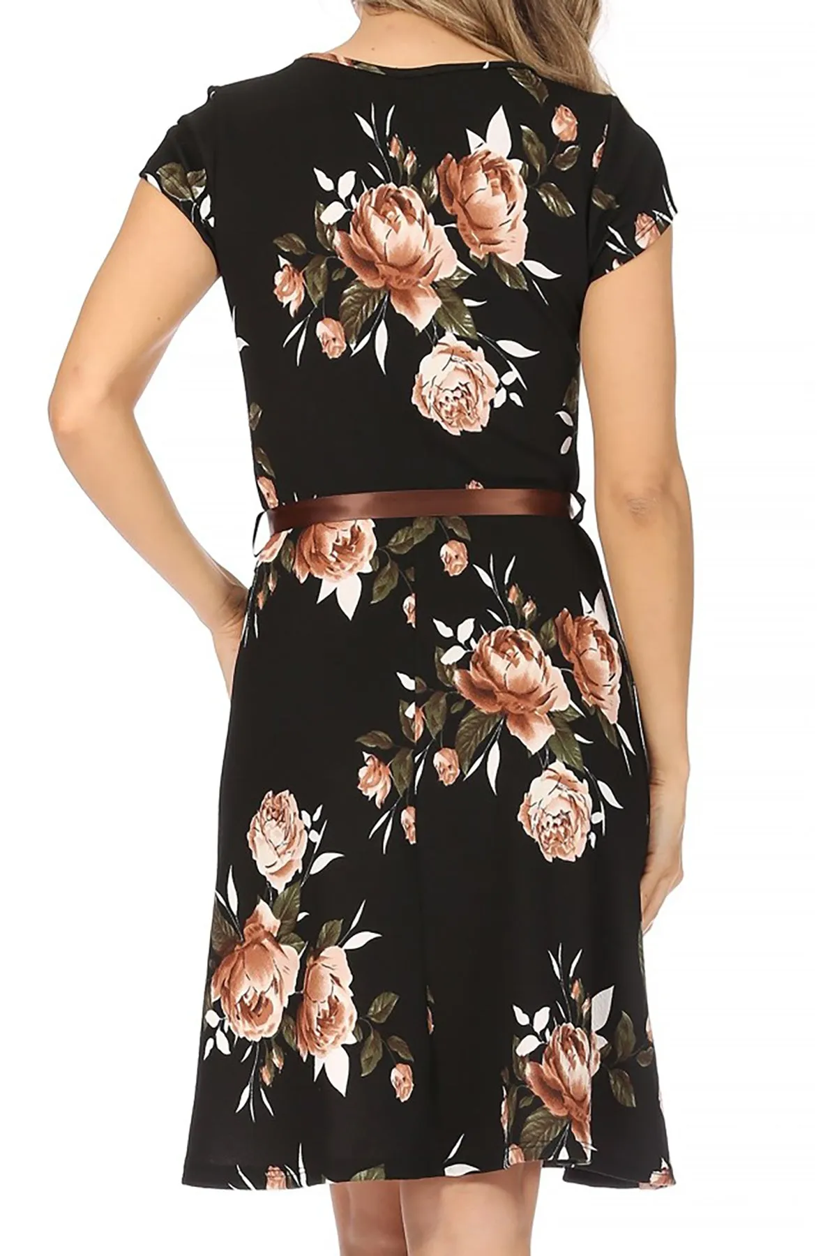 Women's Casual Floral Flared A Line Swing Dresses Short Sleeve With Belt Trim