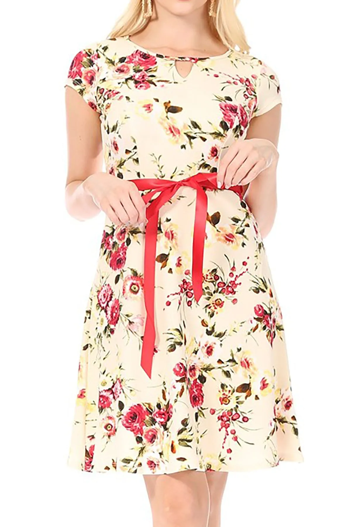 Women's Casual Floral Flared A Line Swing Dresses Short Sleeve With Belt Trim