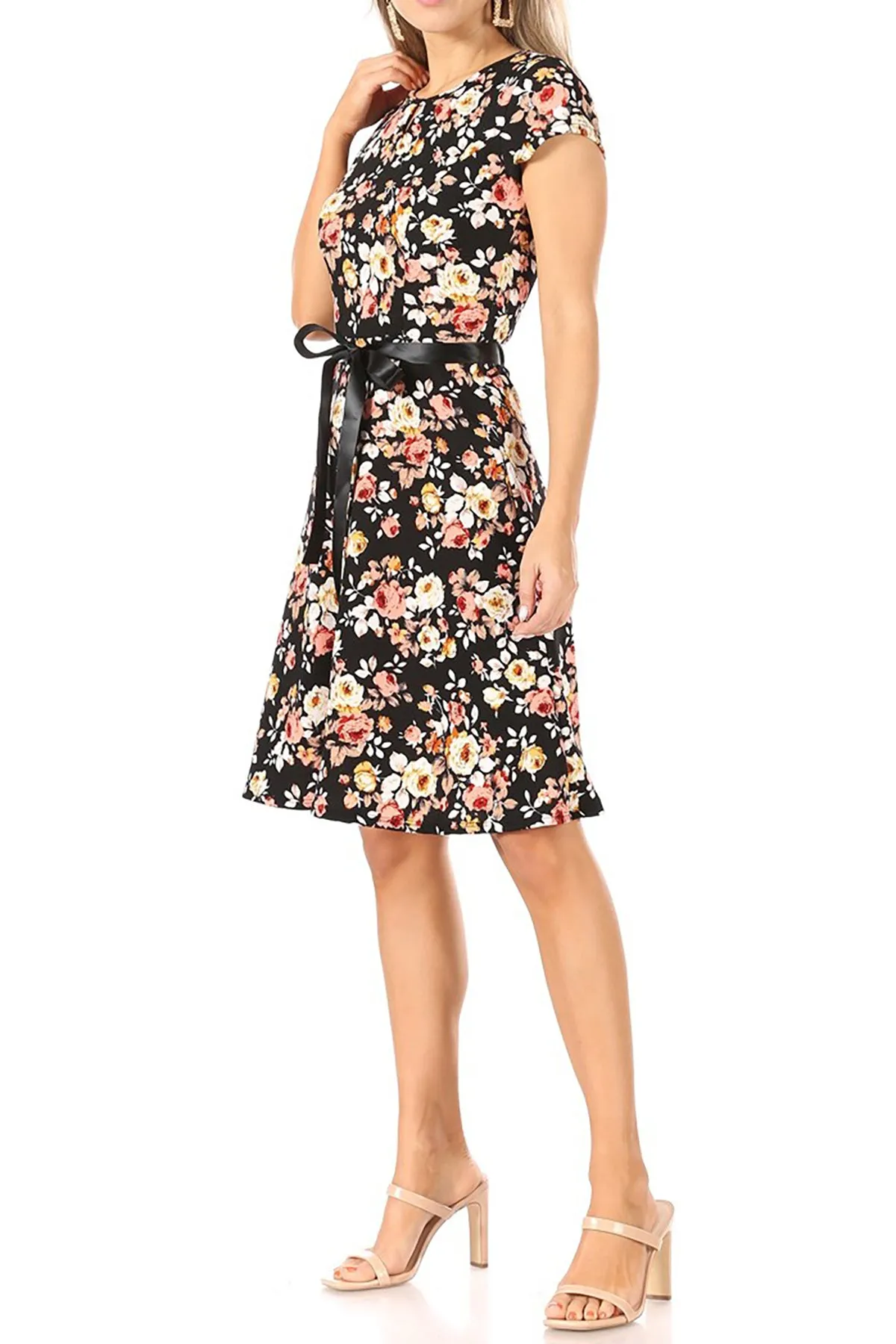 Women's Casual Floral Flared A Line Swing Dresses Short Sleeve With Belt Trim