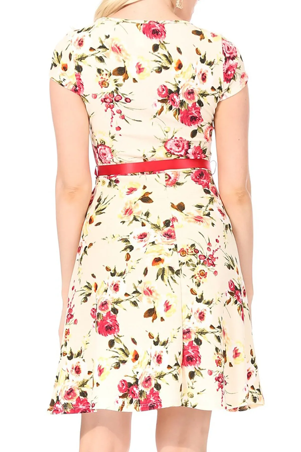 Women's Casual Floral Flared A Line Swing Dresses Short Sleeve With Belt Trim