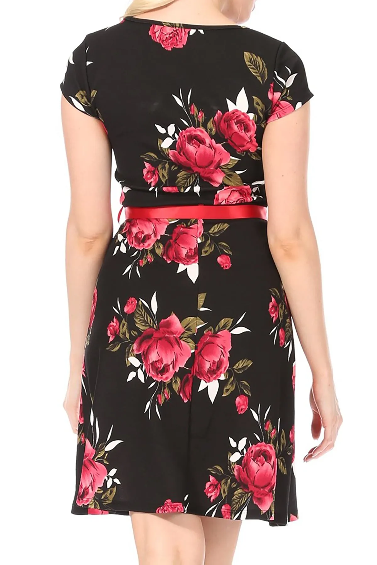 Women's Casual Floral Flared A Line Swing Dresses Short Sleeve With Belt Trim