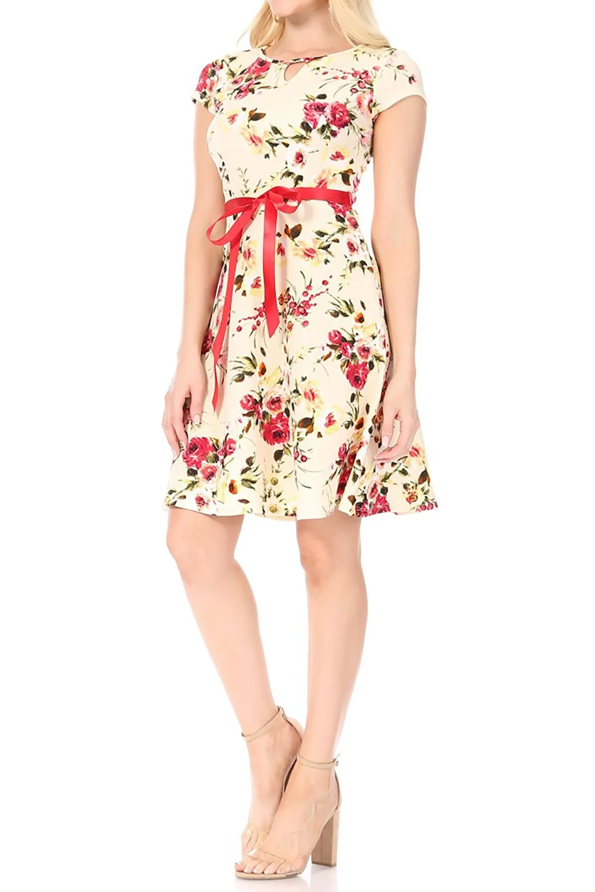 Women's Casual Floral Flared A Line Swing Dresses Short Sleeve With Belt Trim