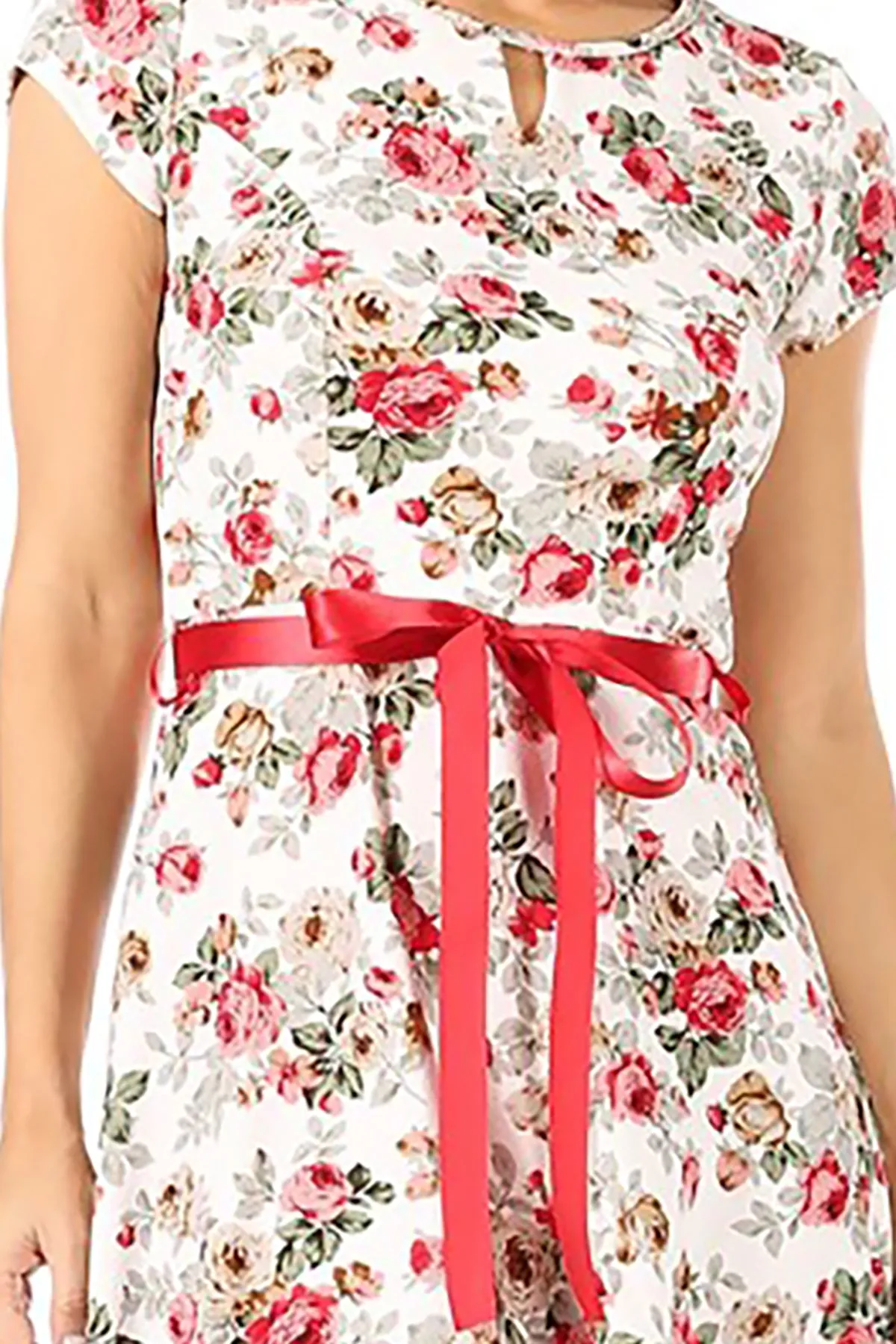 Women's Casual Floral Flared A Line Swing Dresses Short Sleeve With Belt Trim
