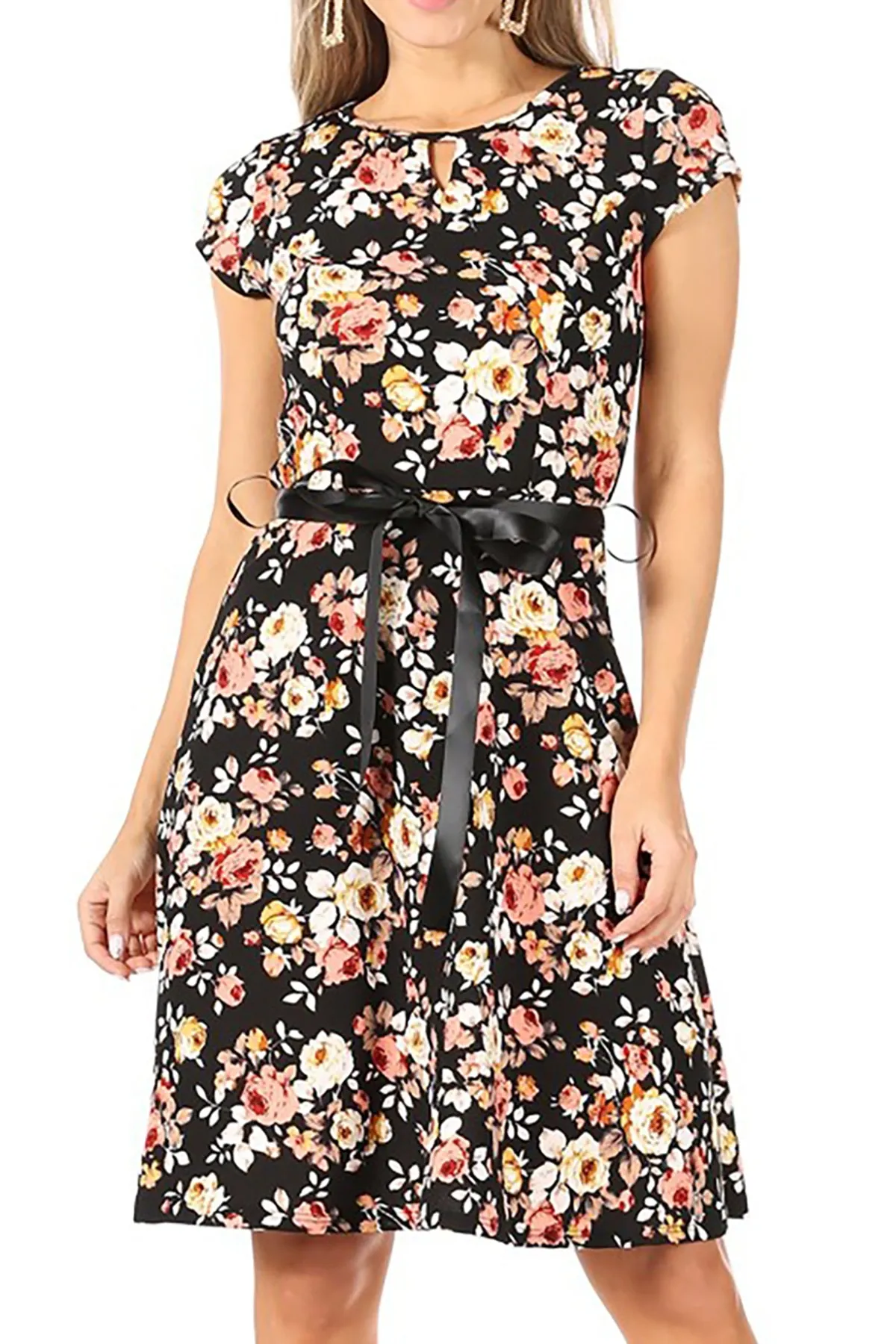 Women's Casual Floral Flared A Line Swing Dresses Short Sleeve With Belt Trim