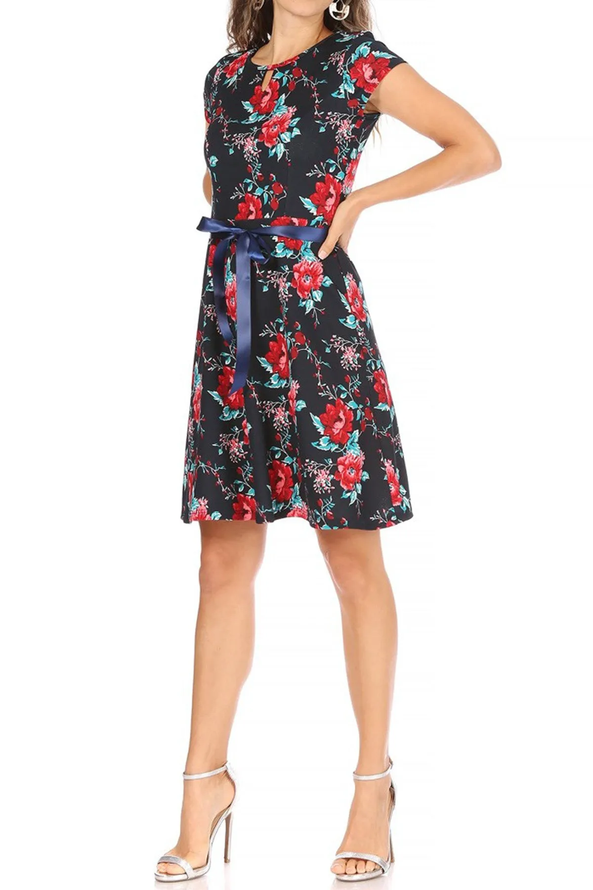 Women's Casual Floral Flared A Line Swing Dresses Short Sleeve With Belt Trim