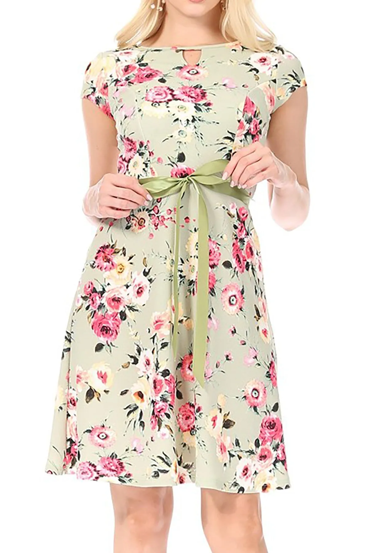Women's Casual Floral Flared A Line Swing Dresses Short Sleeve With Belt Trim