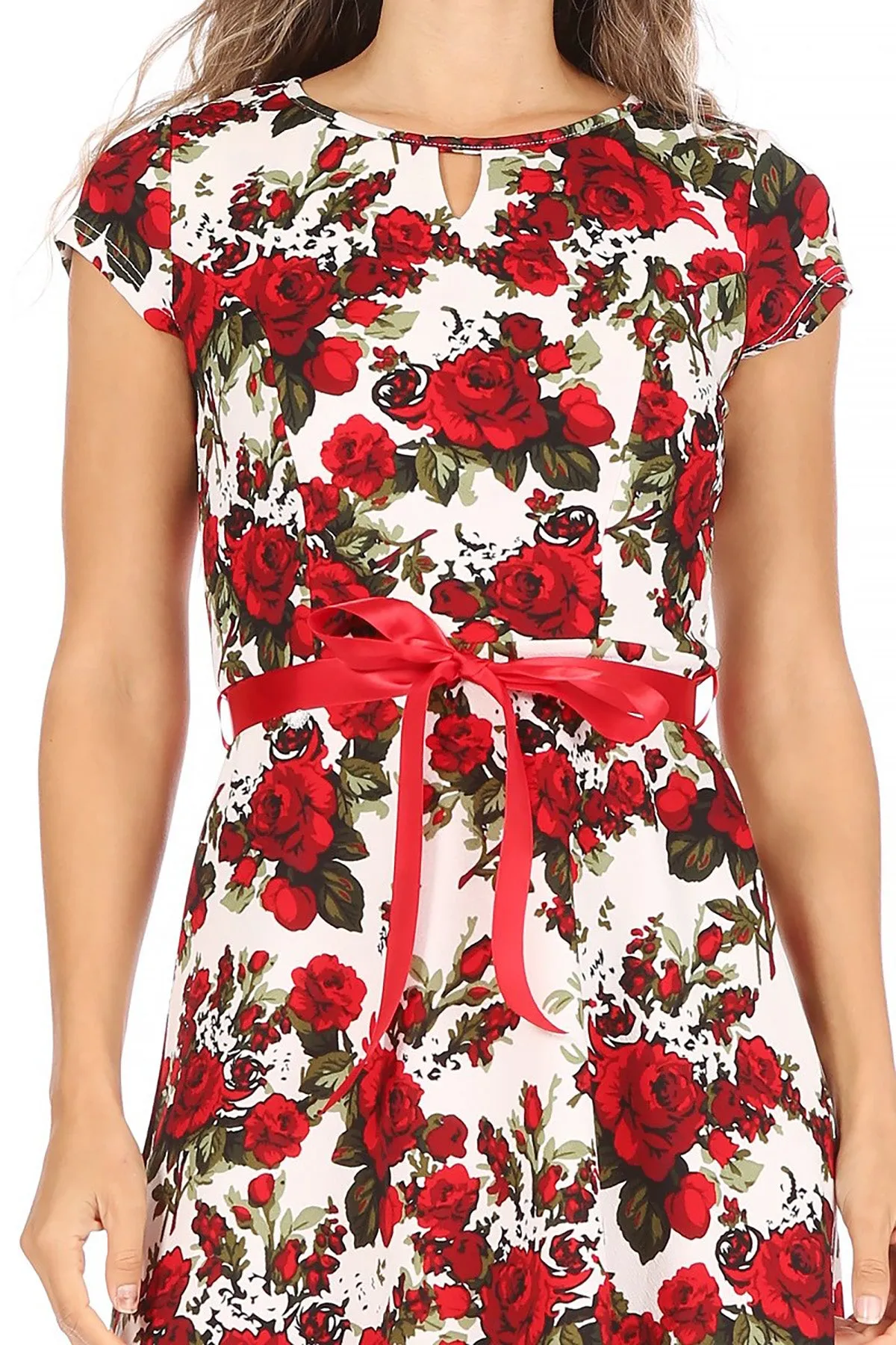 Women's Casual Floral Flared A Line Swing Dresses Short Sleeve With Belt Trim