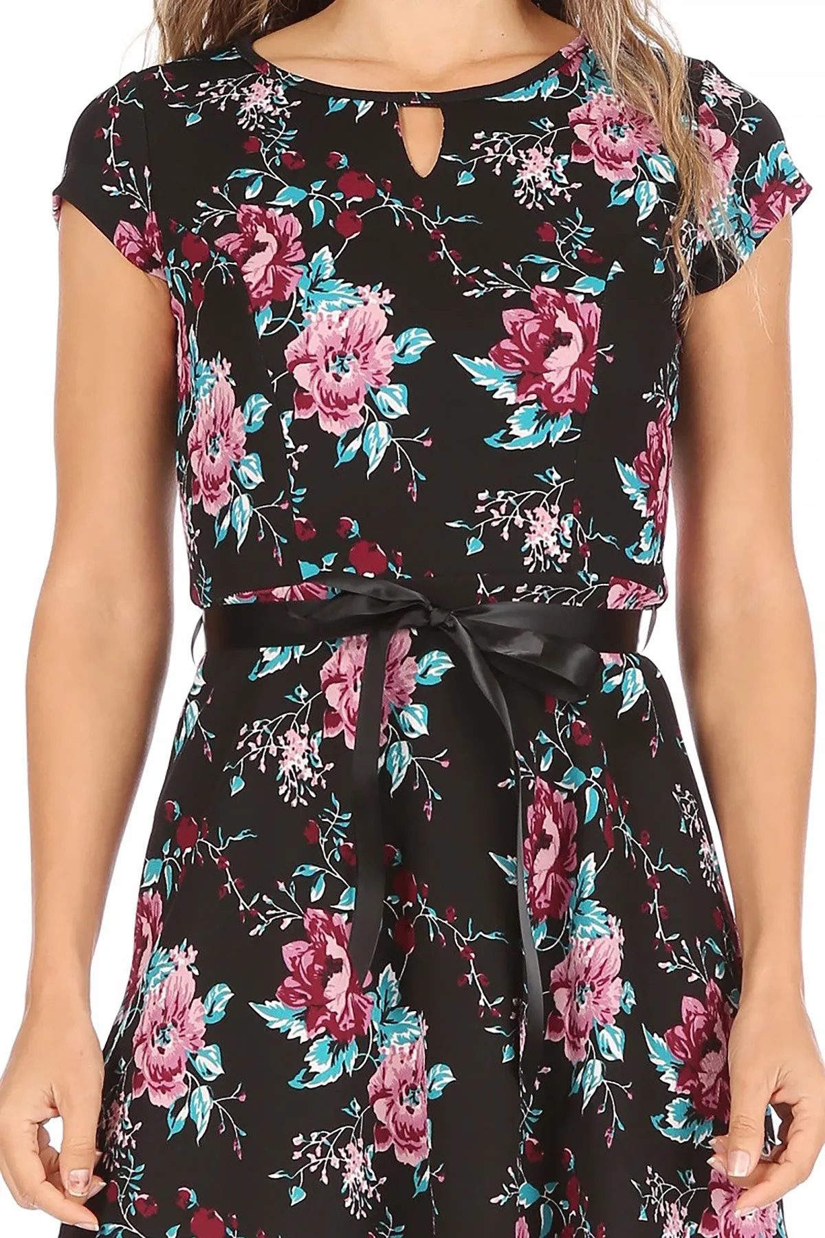 Women's Casual Floral Flared A Line Swing Dresses Short Sleeve With Belt Trim