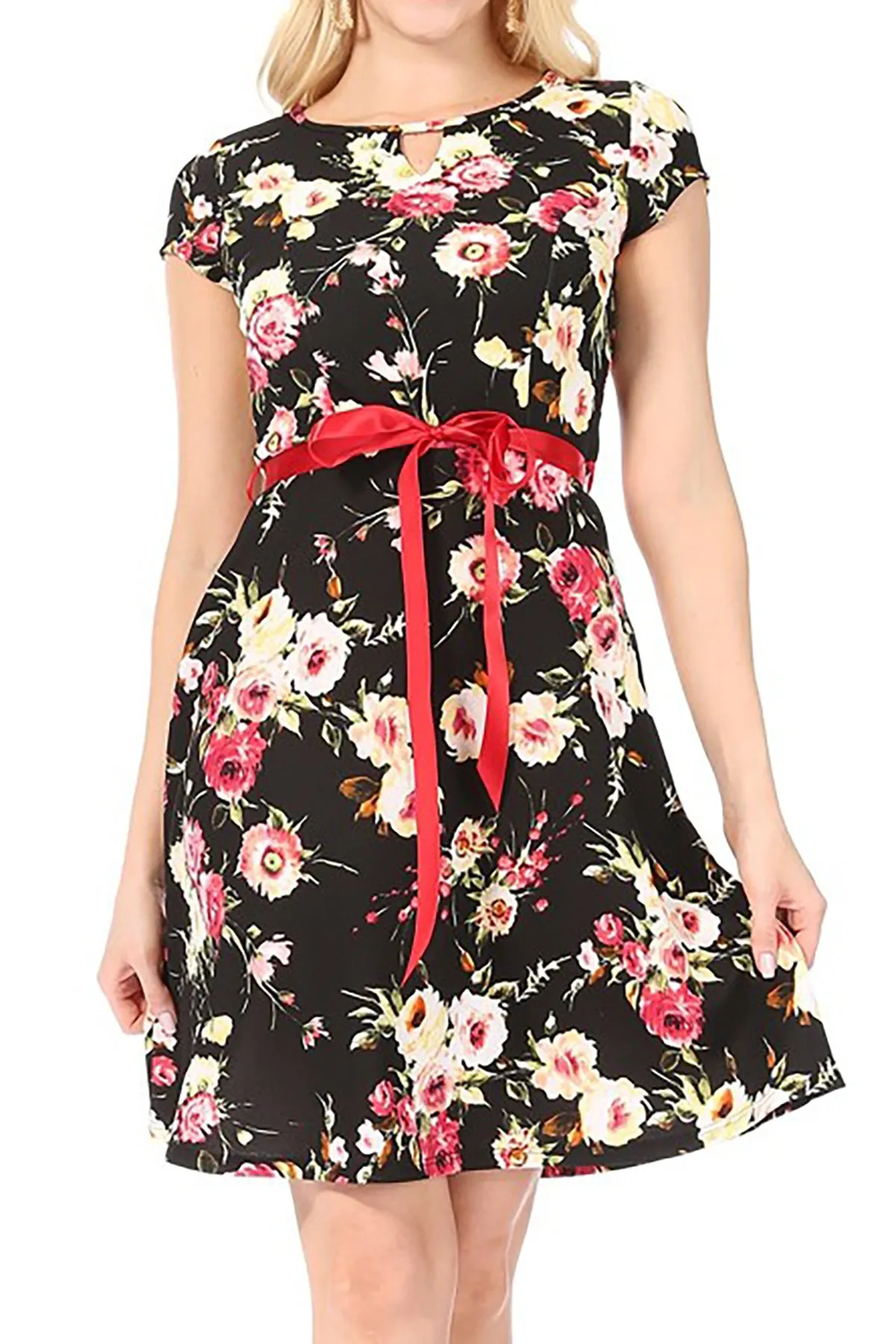 Women's Casual Floral Flared A Line Swing Dresses Short Sleeve With Belt Trim