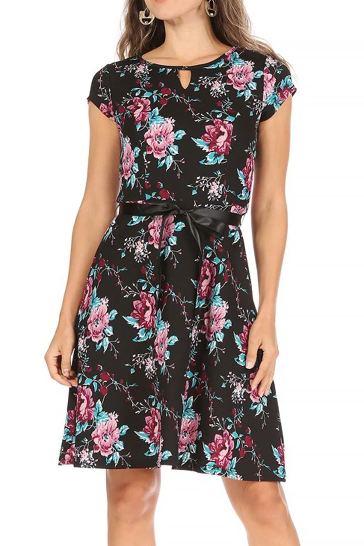 Women's Casual Floral Flared A Line Swing Dresses Short Sleeve With Belt Trim