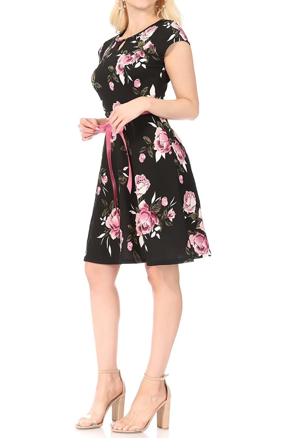 Women's Casual Floral Flared A Line Swing Dresses Short Sleeve With Belt Trim