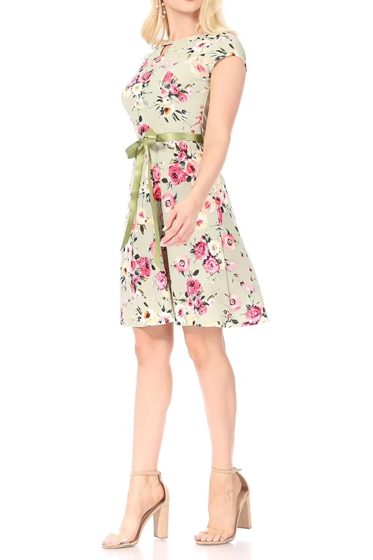 Women's Casual Floral Flared A Line Swing Dresses Short Sleeve With Belt Trim