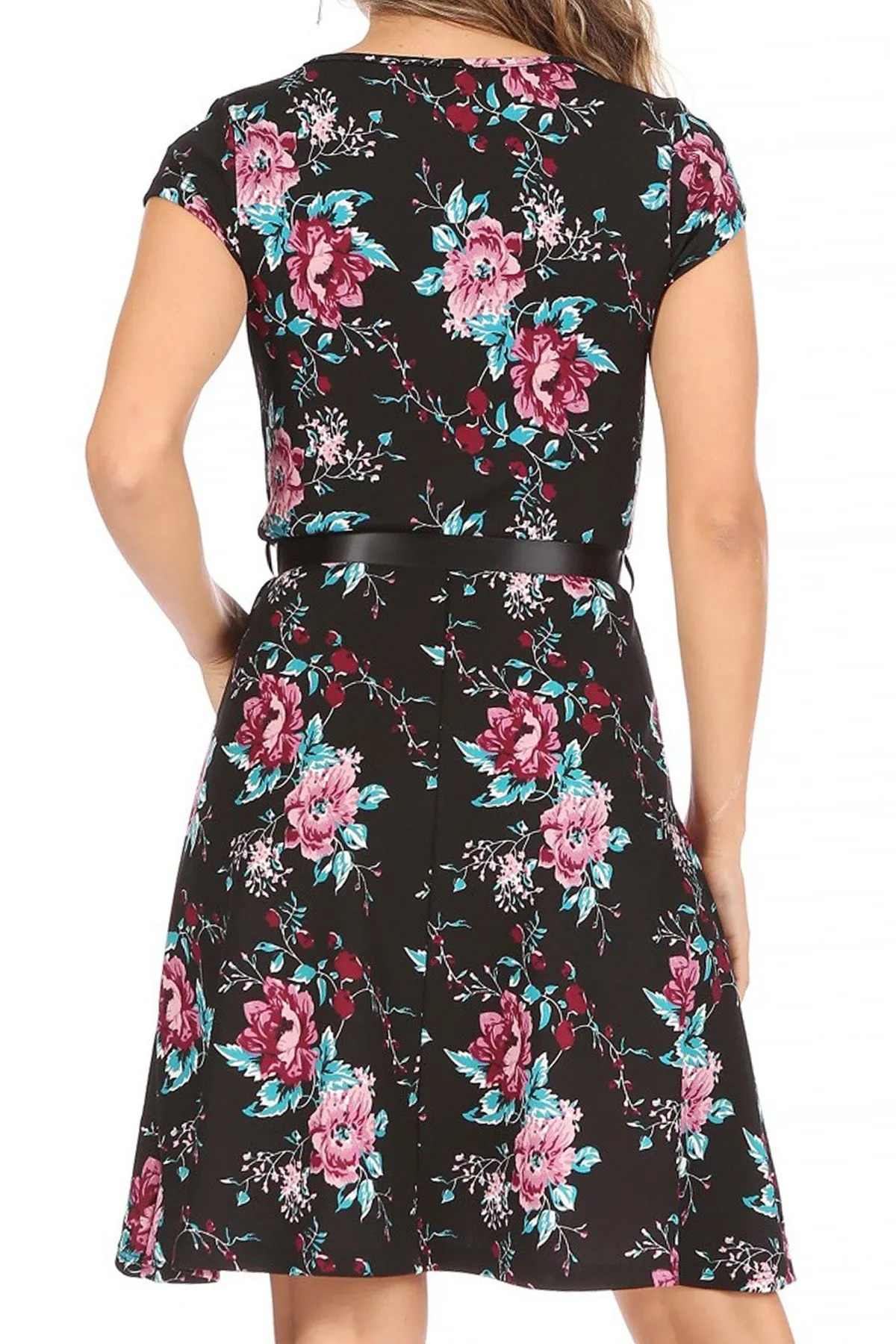 Women's Casual Floral Flared A Line Swing Dresses Short Sleeve With Belt Trim
