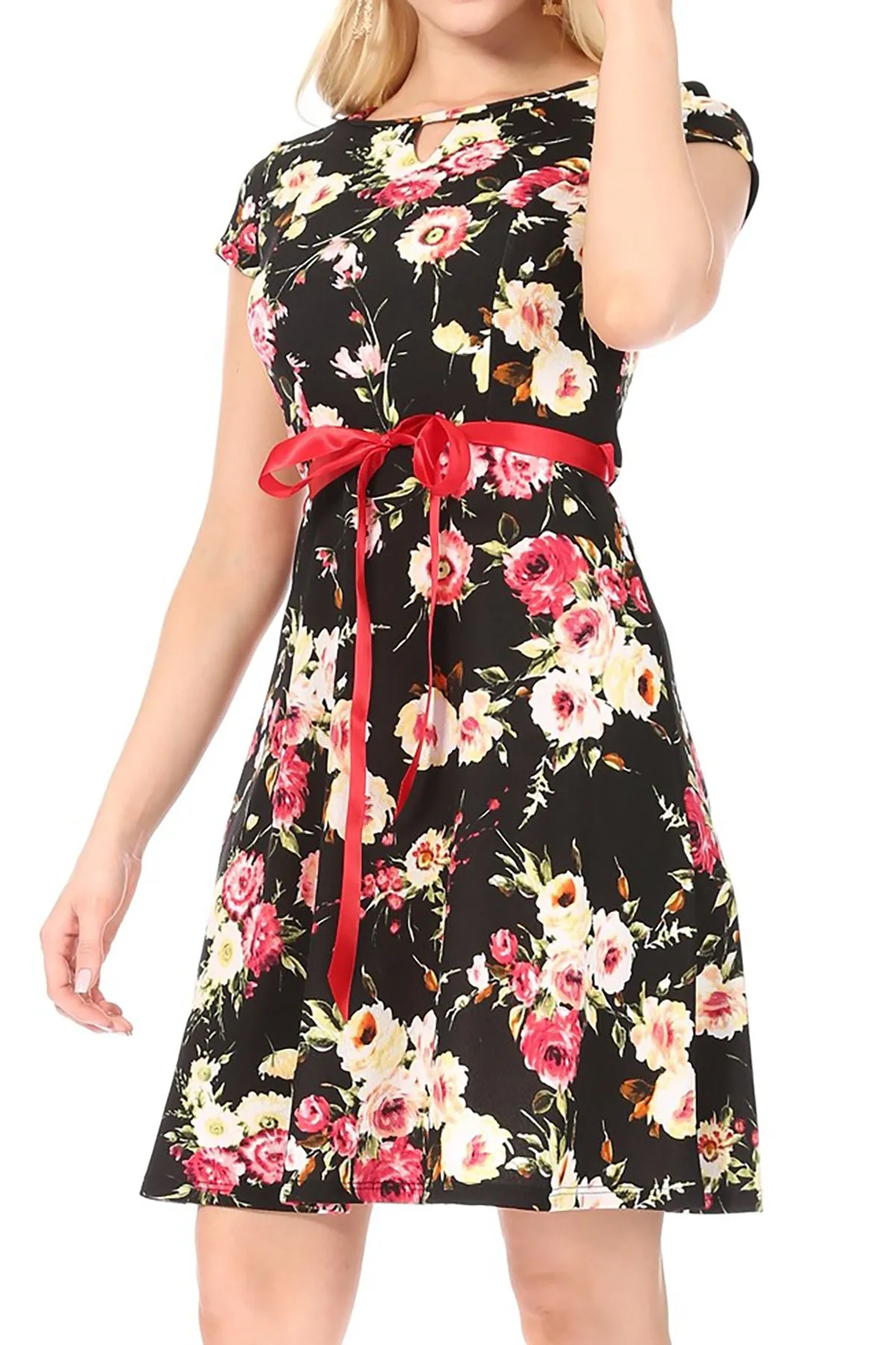 Women's Casual Floral Flared A Line Swing Dresses Short Sleeve With Belt Trim