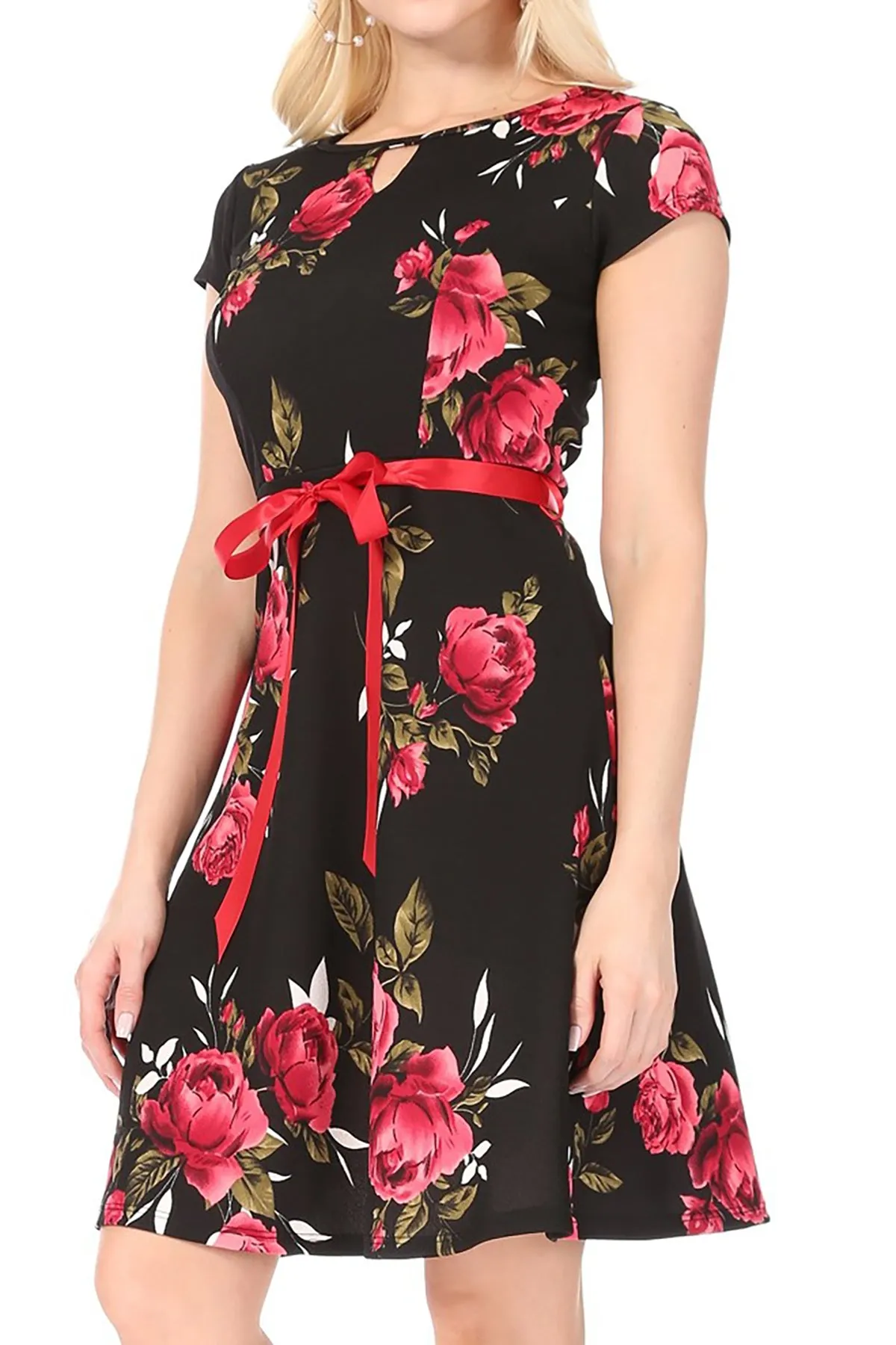 Women's Casual Floral Flared A Line Swing Dresses Short Sleeve With Belt Trim