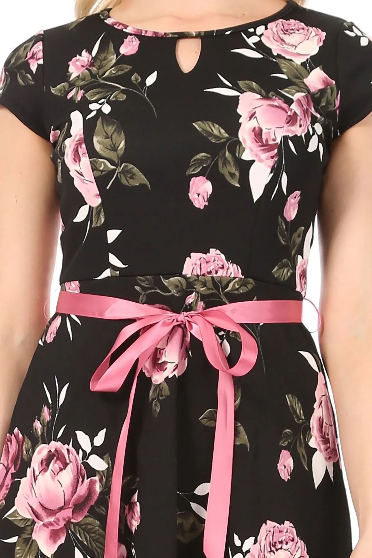 Women's Casual Floral Flared A Line Swing Dresses Short Sleeve With Belt Trim