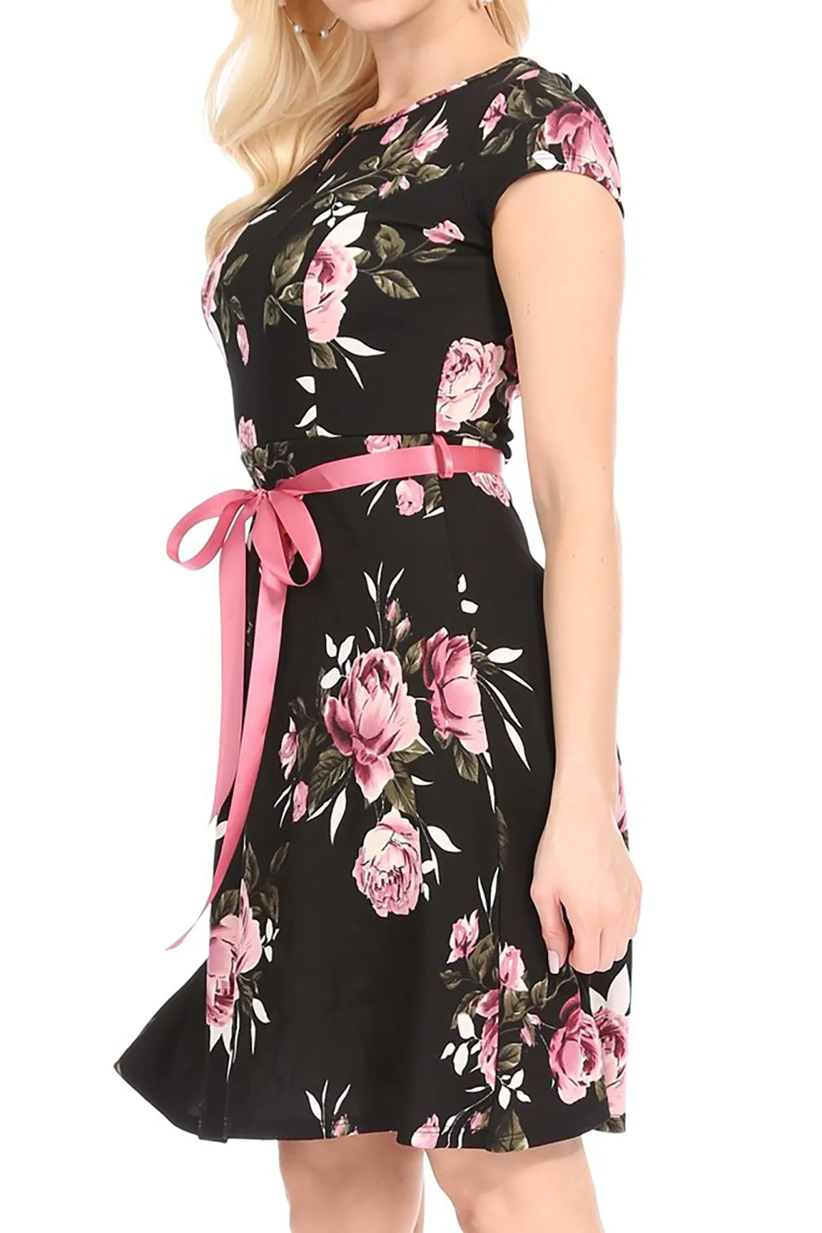 Women's Casual Floral Flared A Line Swing Dresses Short Sleeve With Belt Trim