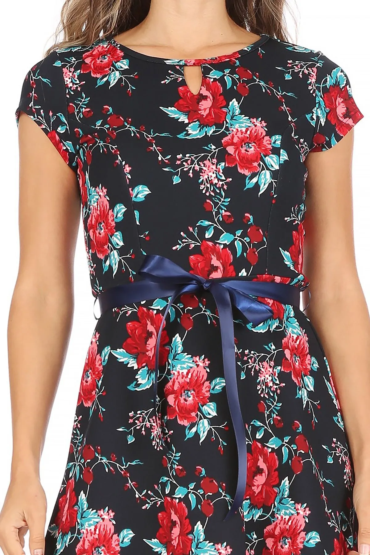 Women's Casual Floral Flared A Line Swing Dresses Short Sleeve With Belt Trim