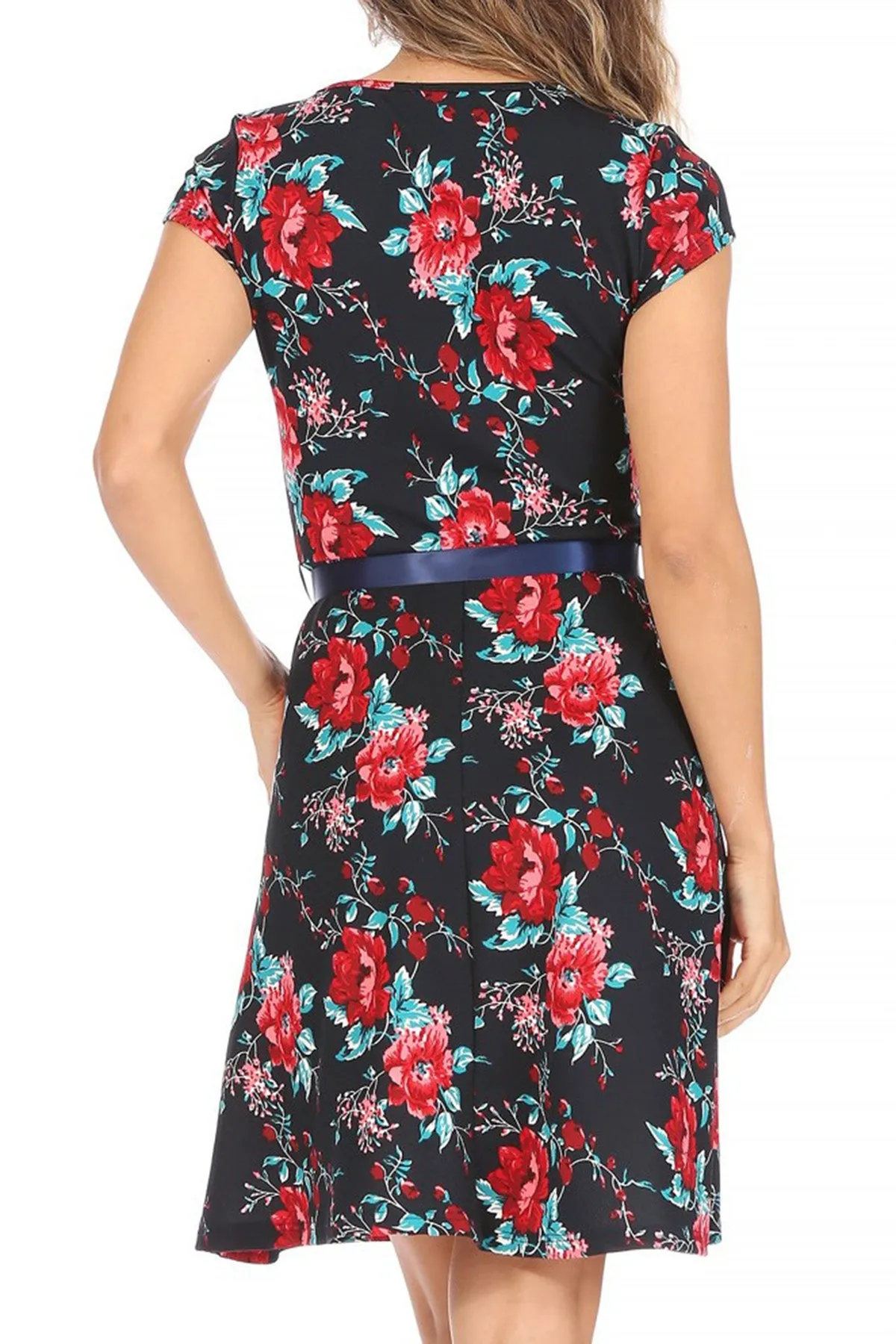 Women's Casual Floral Flared A Line Swing Dresses Short Sleeve With Belt Trim