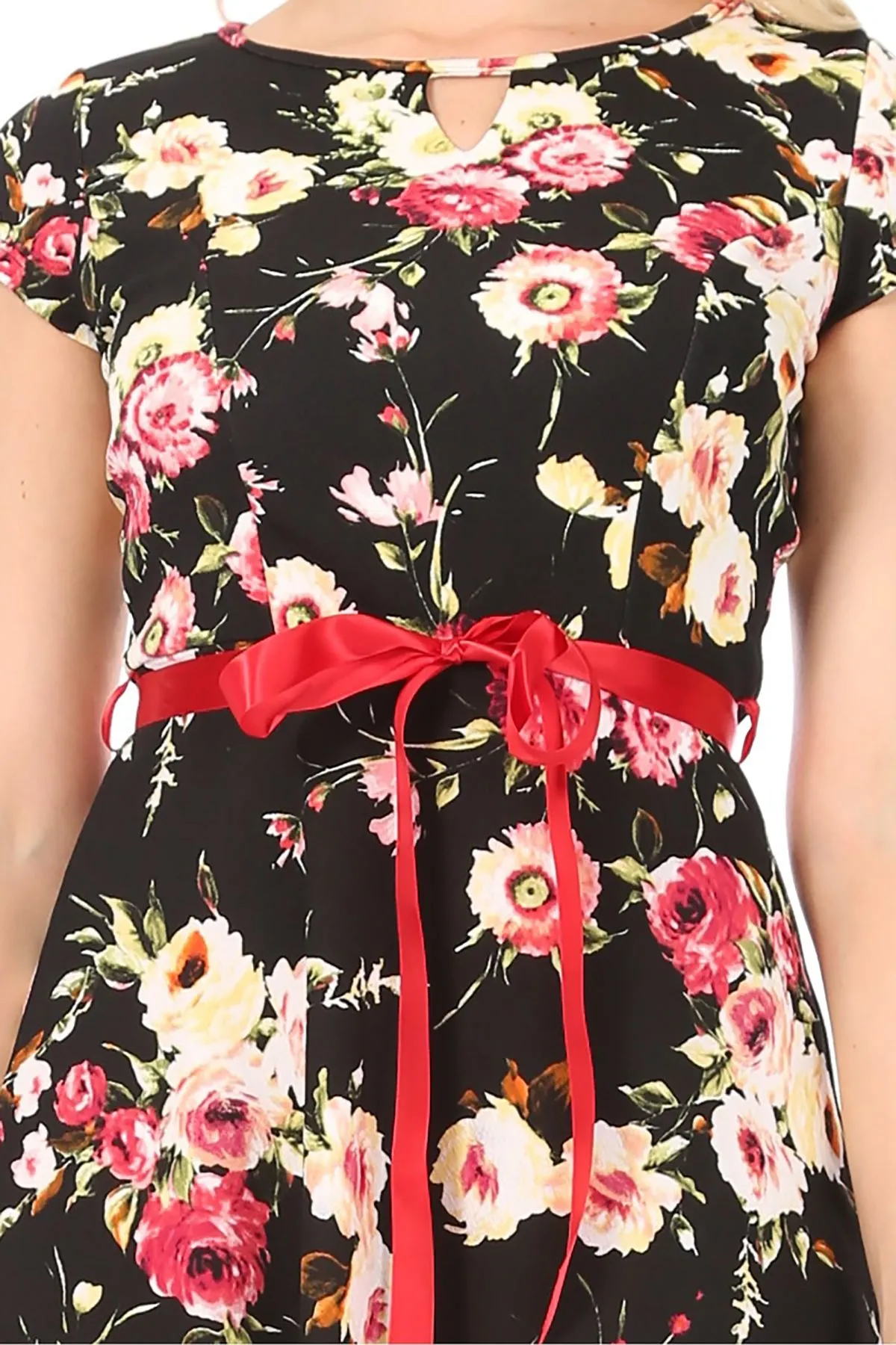 Women's Casual Floral Flared A Line Swing Dresses Short Sleeve With Belt Trim