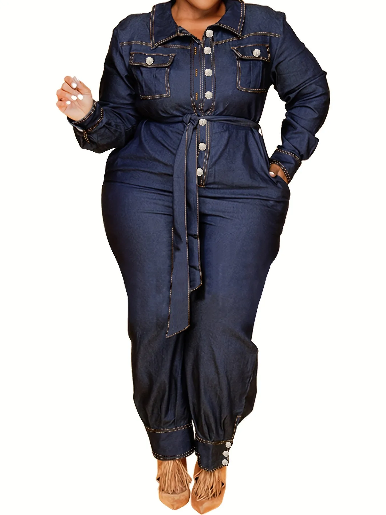 Women's Chic Plus Size Long Sleeve Denim Jumpsuits
