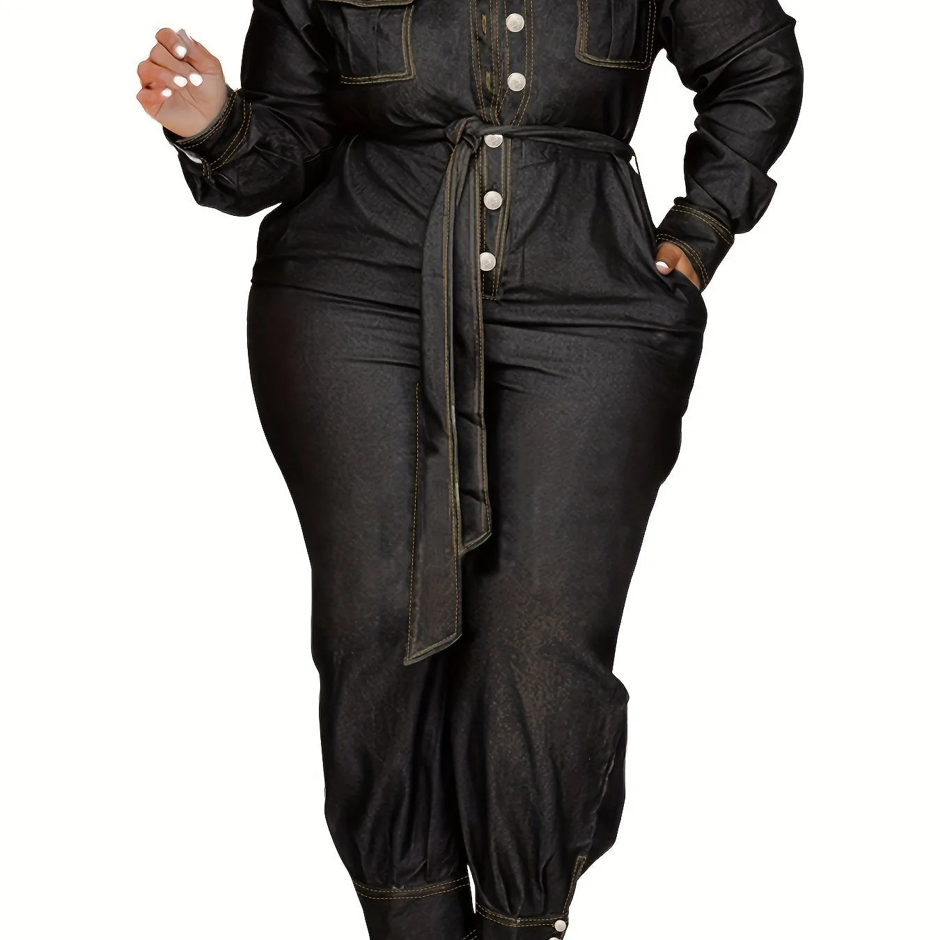 Women's Chic Plus Size Long Sleeve Denim Jumpsuits