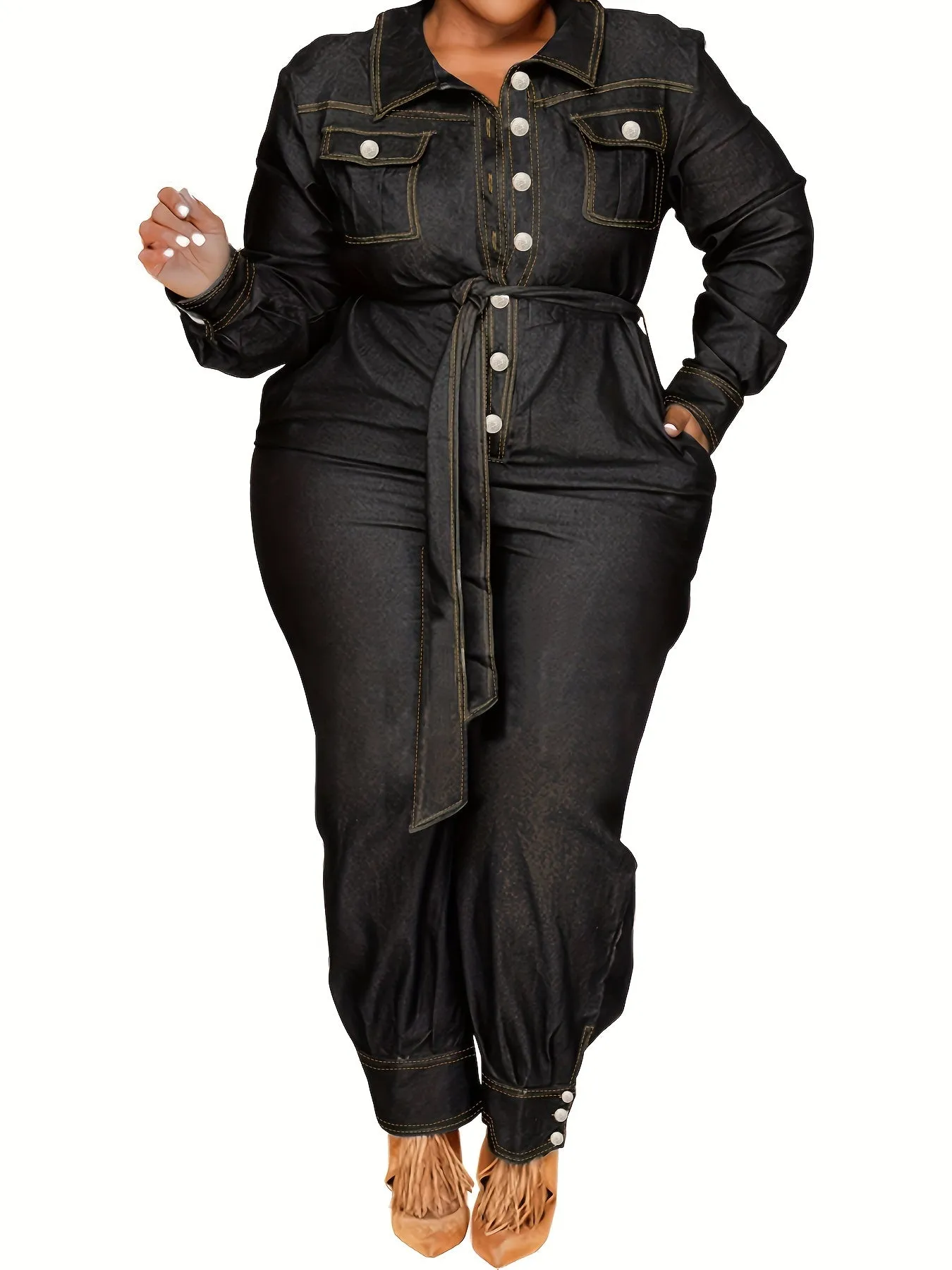 Women's Chic Plus Size Long Sleeve Denim Jumpsuits