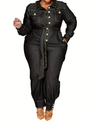 Women's Chic Plus Size Long Sleeve Denim Jumpsuits