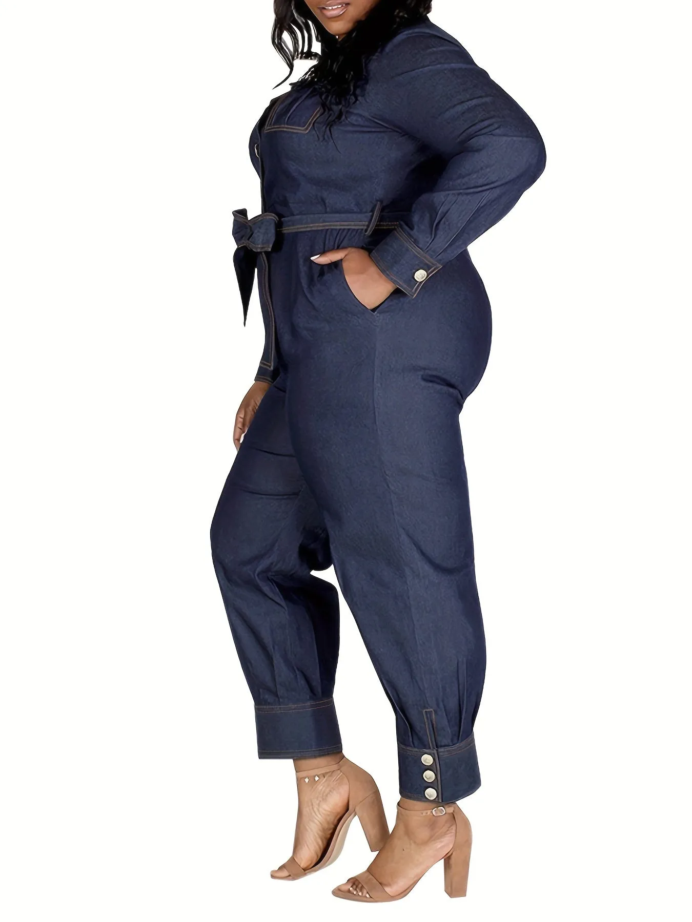 Women's Chic Plus Size Long Sleeve Denim Jumpsuits