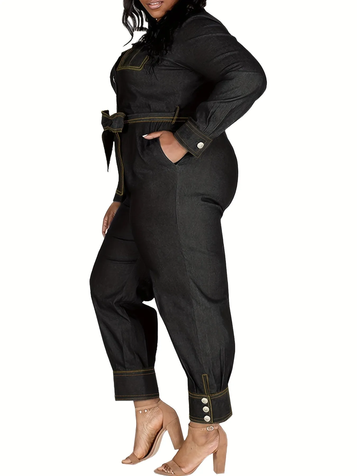 Women's Chic Plus Size Long Sleeve Denim Jumpsuits