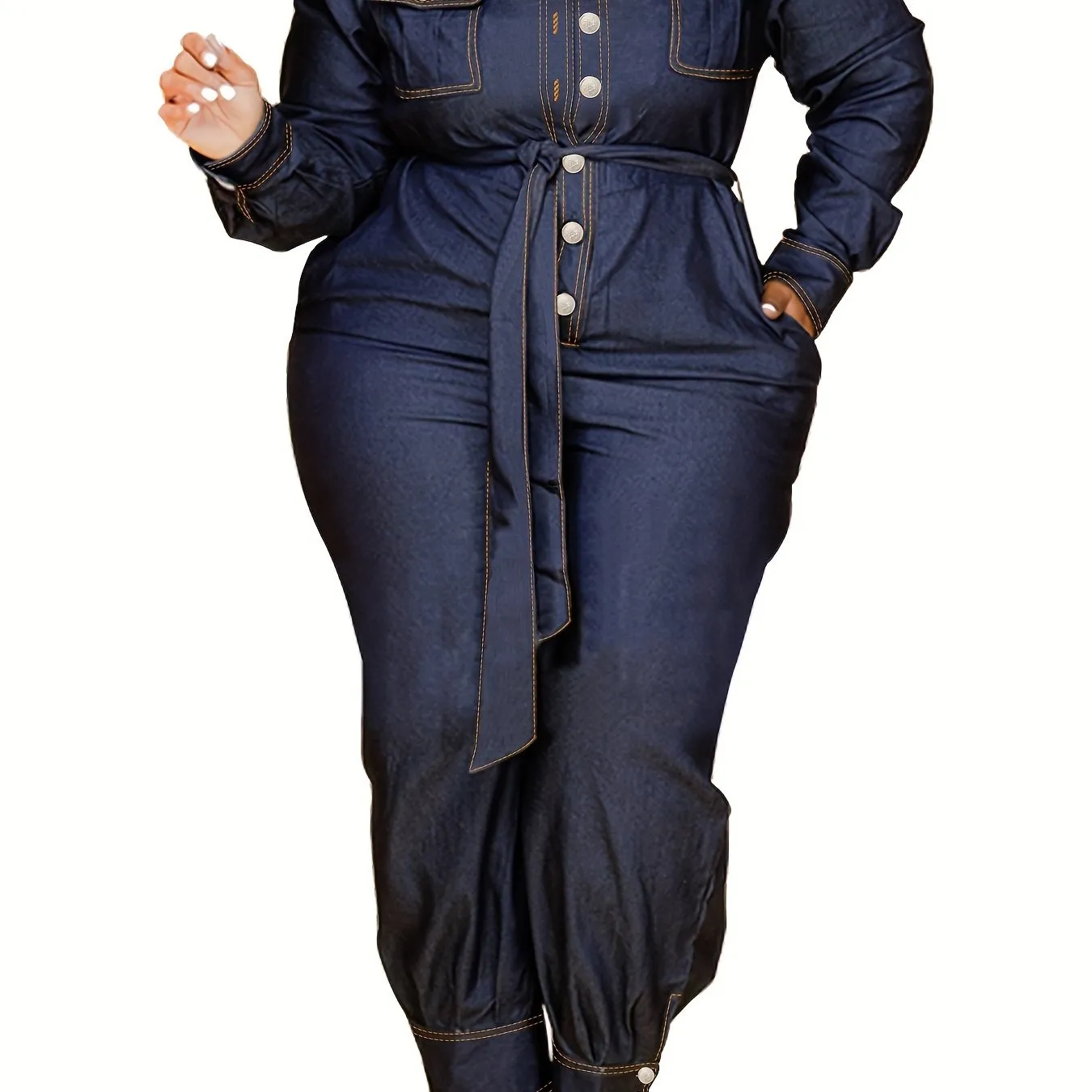 Women's Chic Plus Size Long Sleeve Denim Jumpsuits