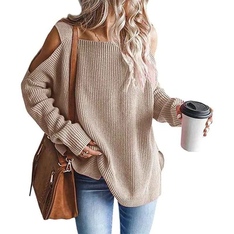 Women's Cold Shoulder Oversized Sweaters Batwing Long Sleeve Square Neck Chunky Knit Fall Tunic Sweater Tops K622