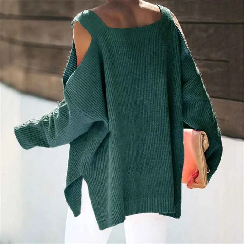 Women's Cold Shoulder Oversized Sweaters Batwing Long Sleeve Square Neck Chunky Knit Fall Tunic Sweater Tops K622