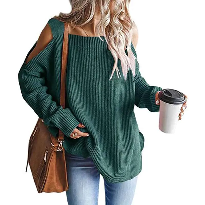 Women's Cold Shoulder Oversized Sweaters Batwing Long Sleeve Square Neck Chunky Knit Fall Tunic Sweater Tops K622