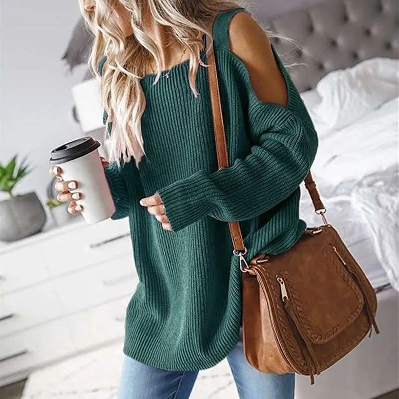 Women's Cold Shoulder Oversized Sweaters Batwing Long Sleeve Square Neck Chunky Knit Fall Tunic Sweater Tops K622