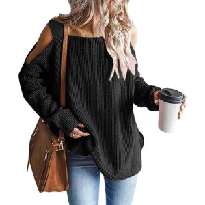 Women's Cold Shoulder Oversized Sweaters Batwing Long Sleeve Square Neck Chunky Knit Fall Tunic Sweater Tops K622
