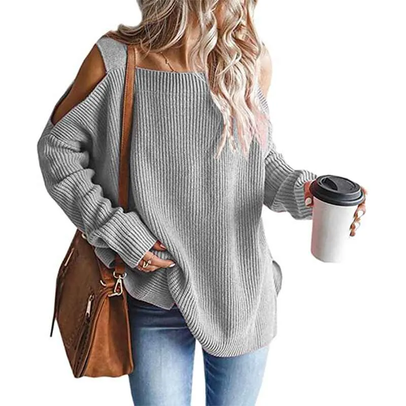 Women's Cold Shoulder Oversized Sweaters Batwing Long Sleeve Square Neck Chunky Knit Fall Tunic Sweater Tops K622