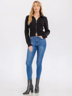 WOMEN'S LONG SLEEVE BOTH END ZIPPER RIBBED SHERPA COLLAR SWEATER