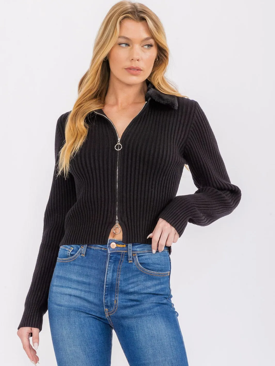 WOMEN'S LONG SLEEVE BOTH END ZIPPER RIBBED SHERPA COLLAR SWEATER